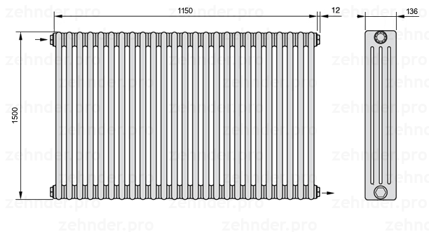 Схема (чертеж) Радиатор Zehnder Charleston 4150/25 №1670 Белый глянцевый RAL 9016